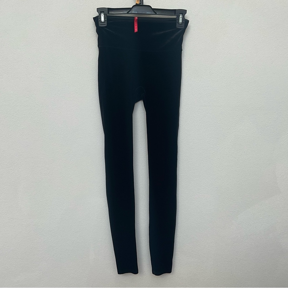 Spanx Black Velour Thick Waistband Leggings Size Small Tummy Control Smoothing